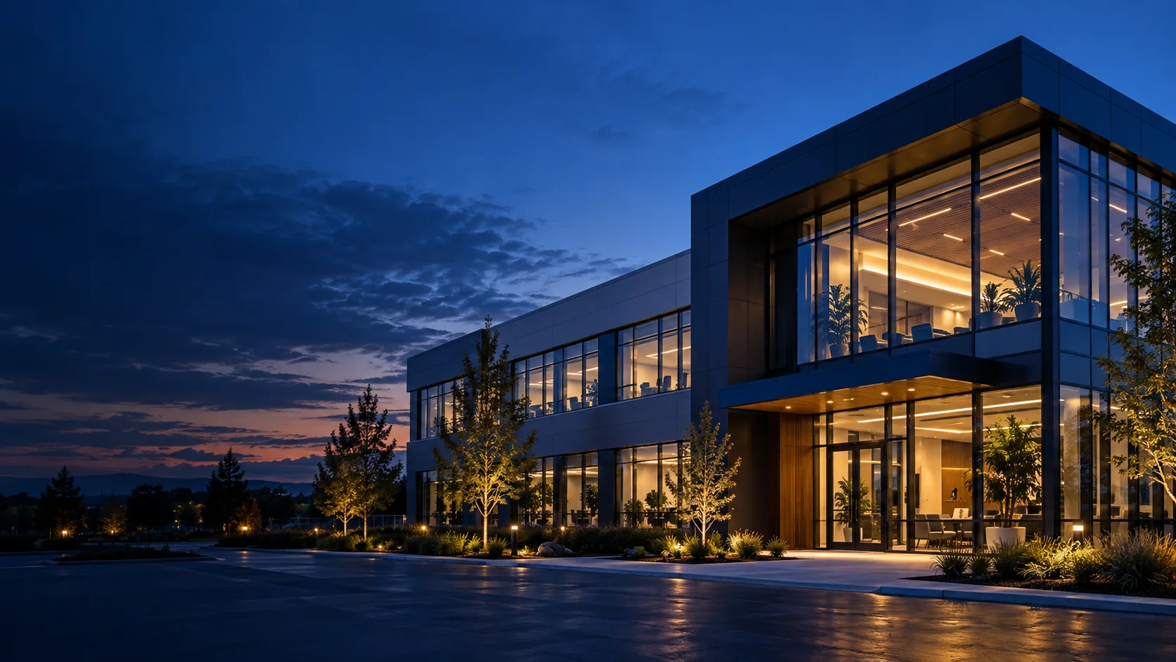 Commercial building and parking area at dusk