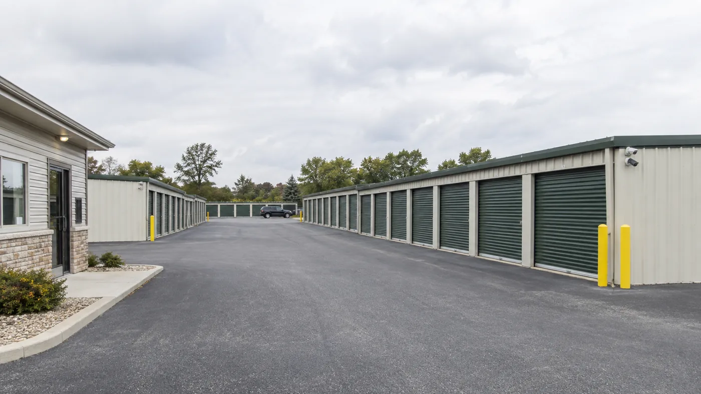 Rows of self-storage units along a facility drive