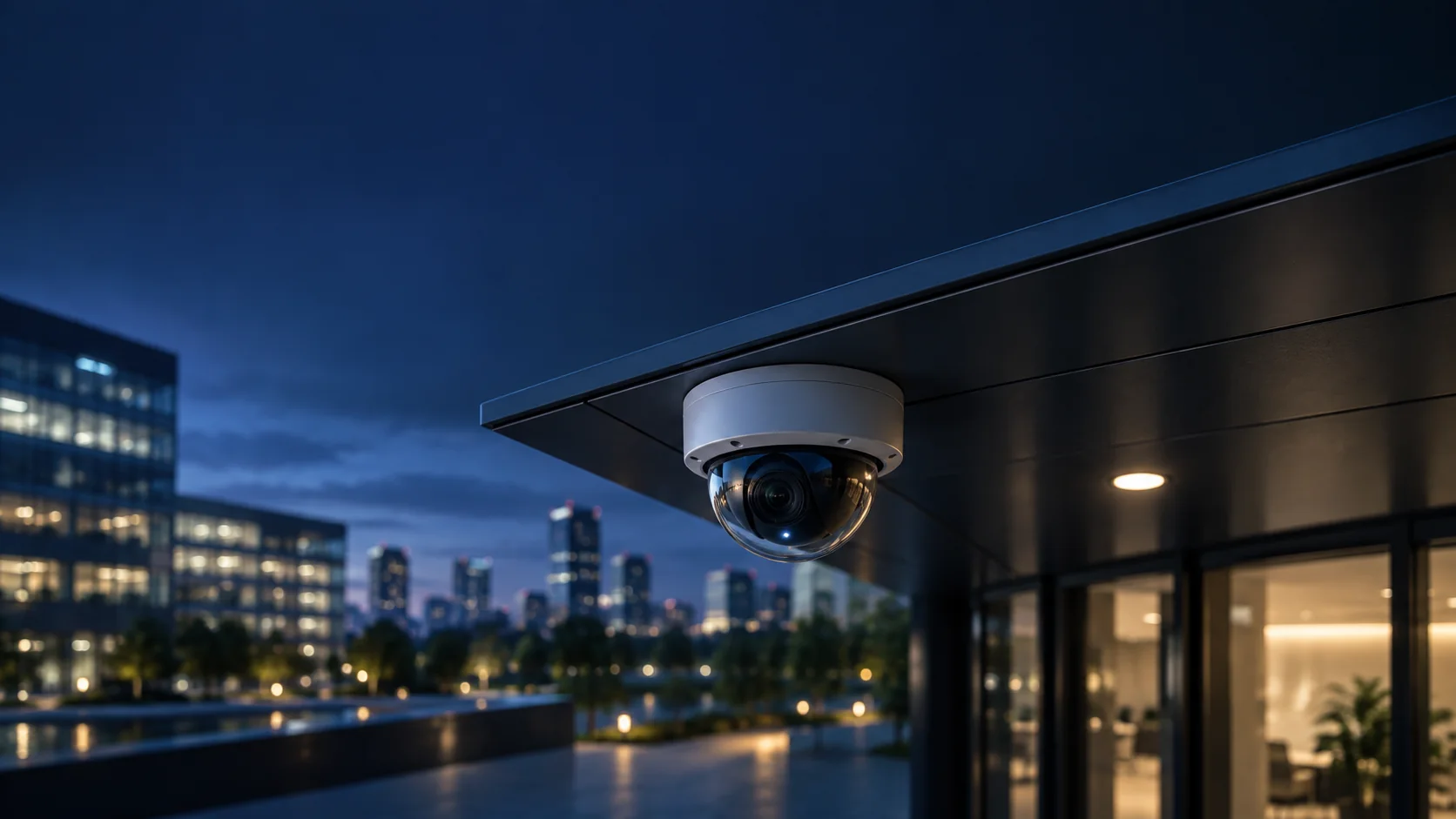 Unbranded surveillance camera outside a commercial building at dusk